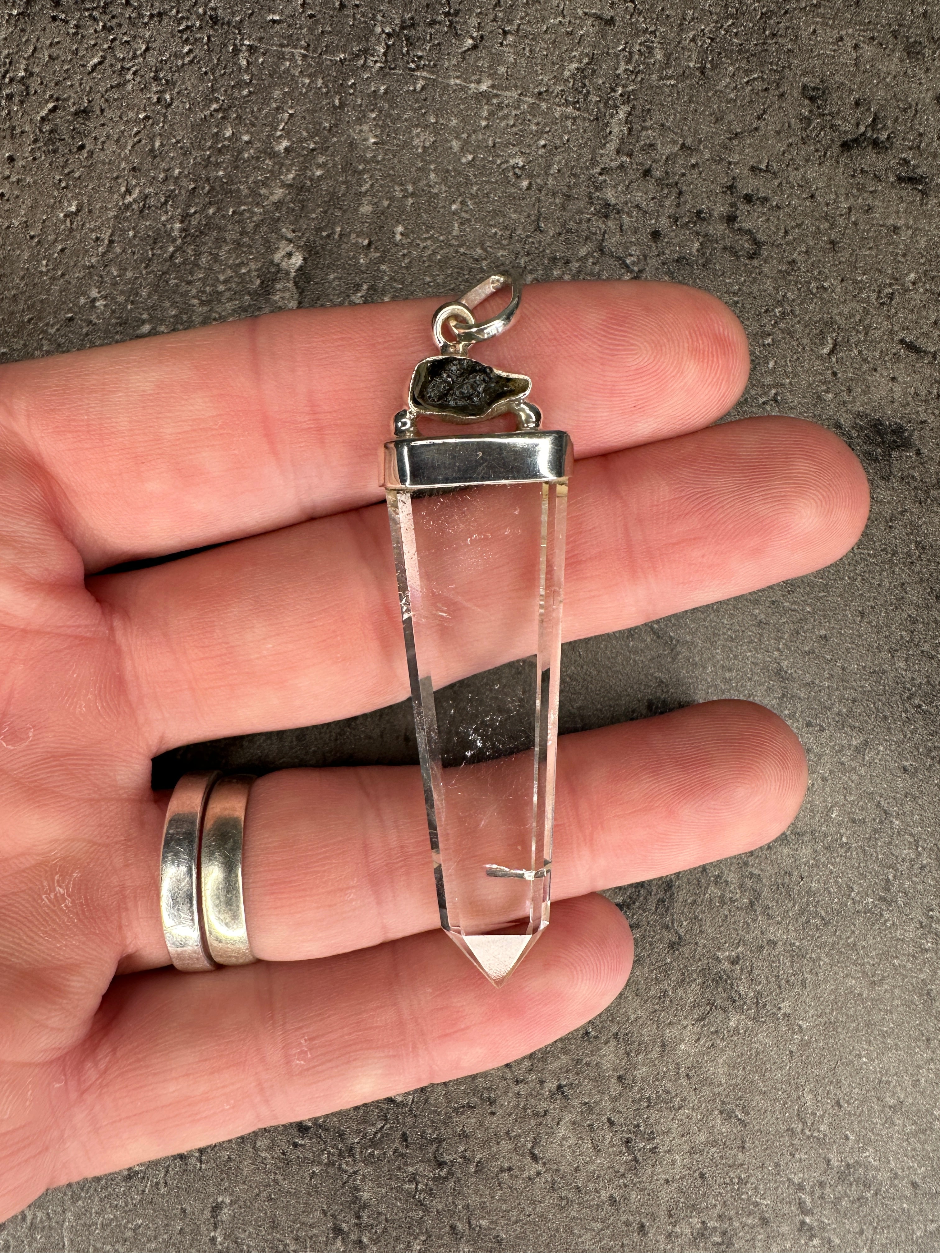Moldavite and quartz - Pendant
