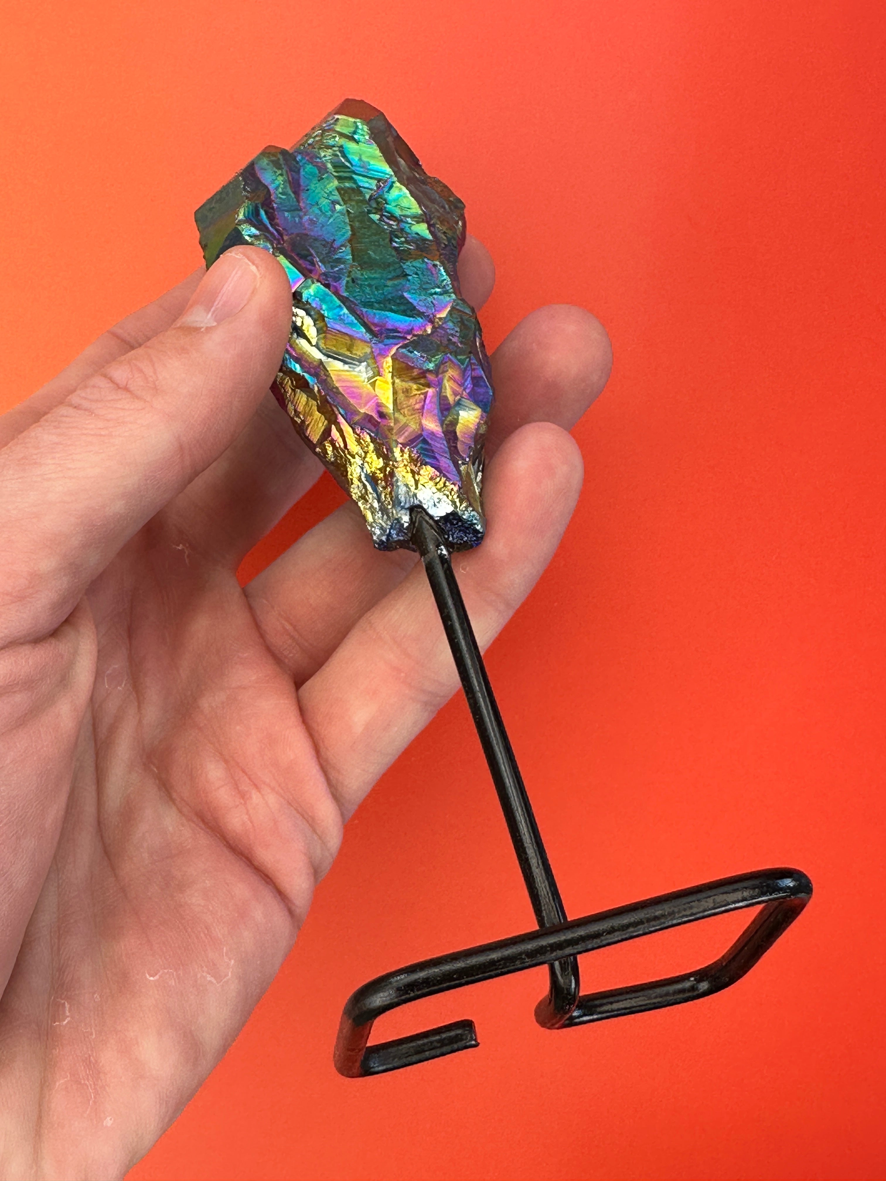 Titanium aura quartz - Rough cluster on stand