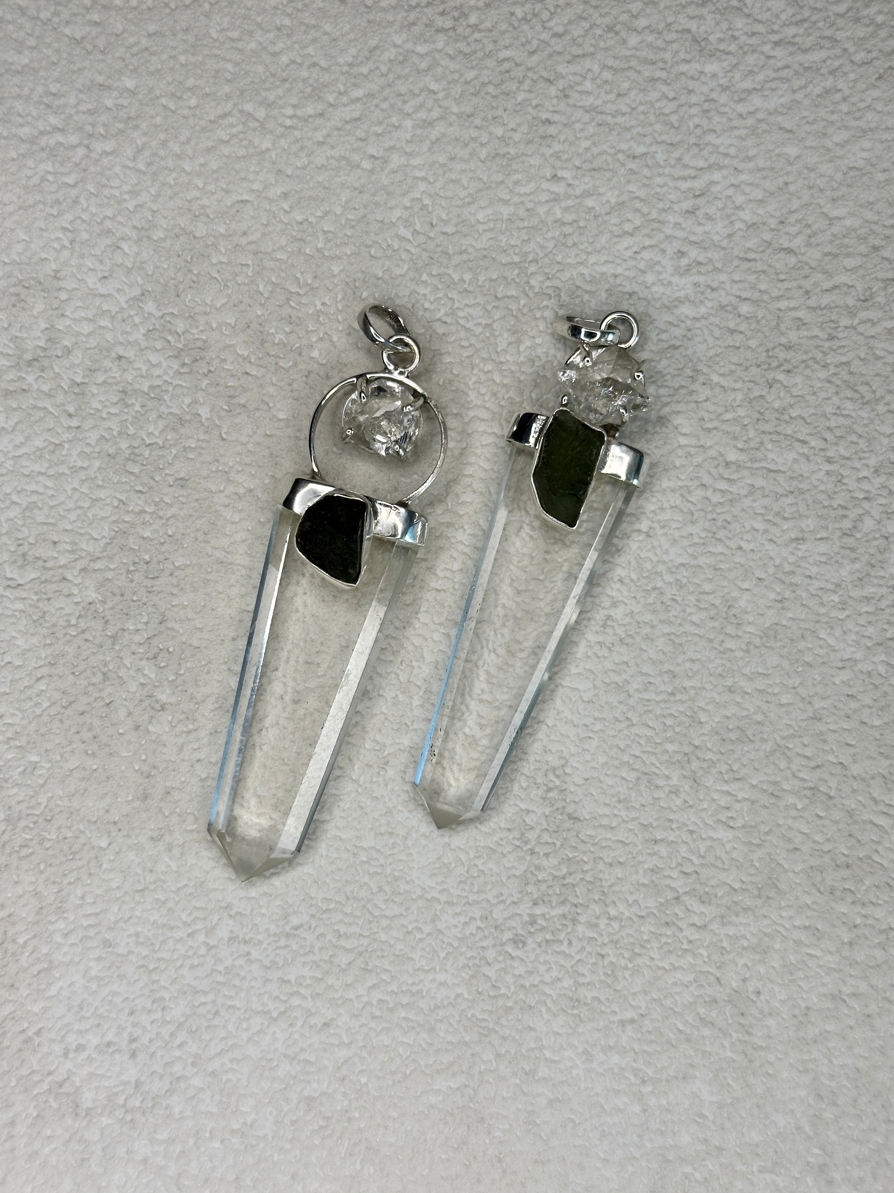 Moldavite, quartz and herkimer diamond - Pendant