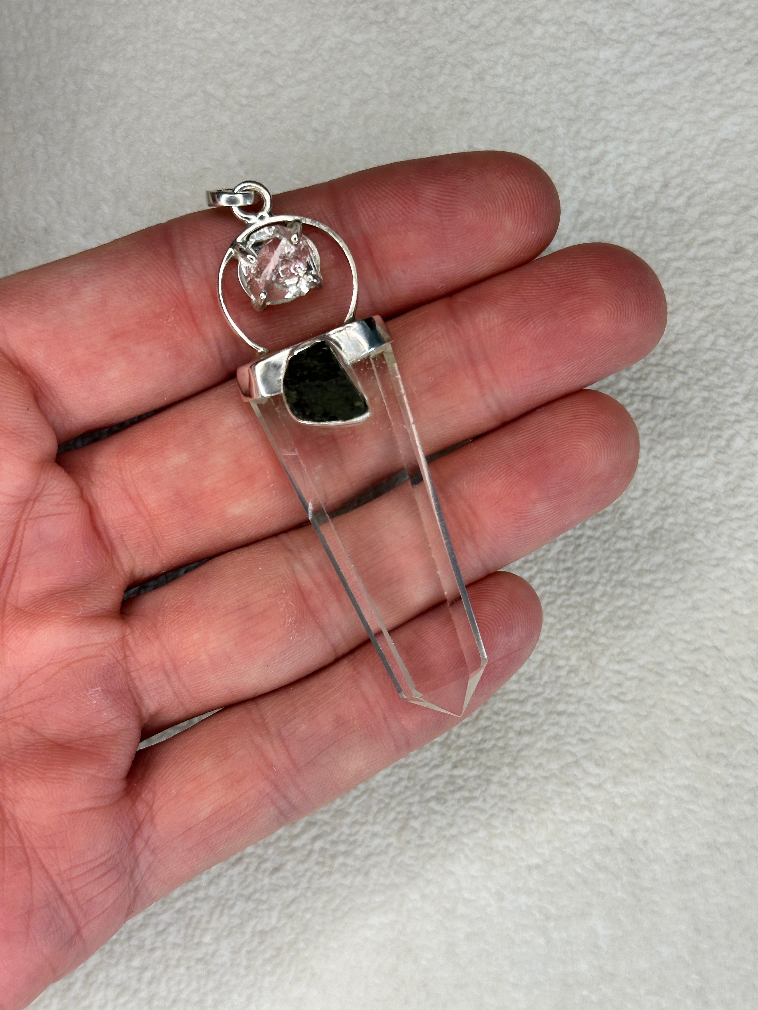 Moldavite, quartz and herkimer diamond - Pendant