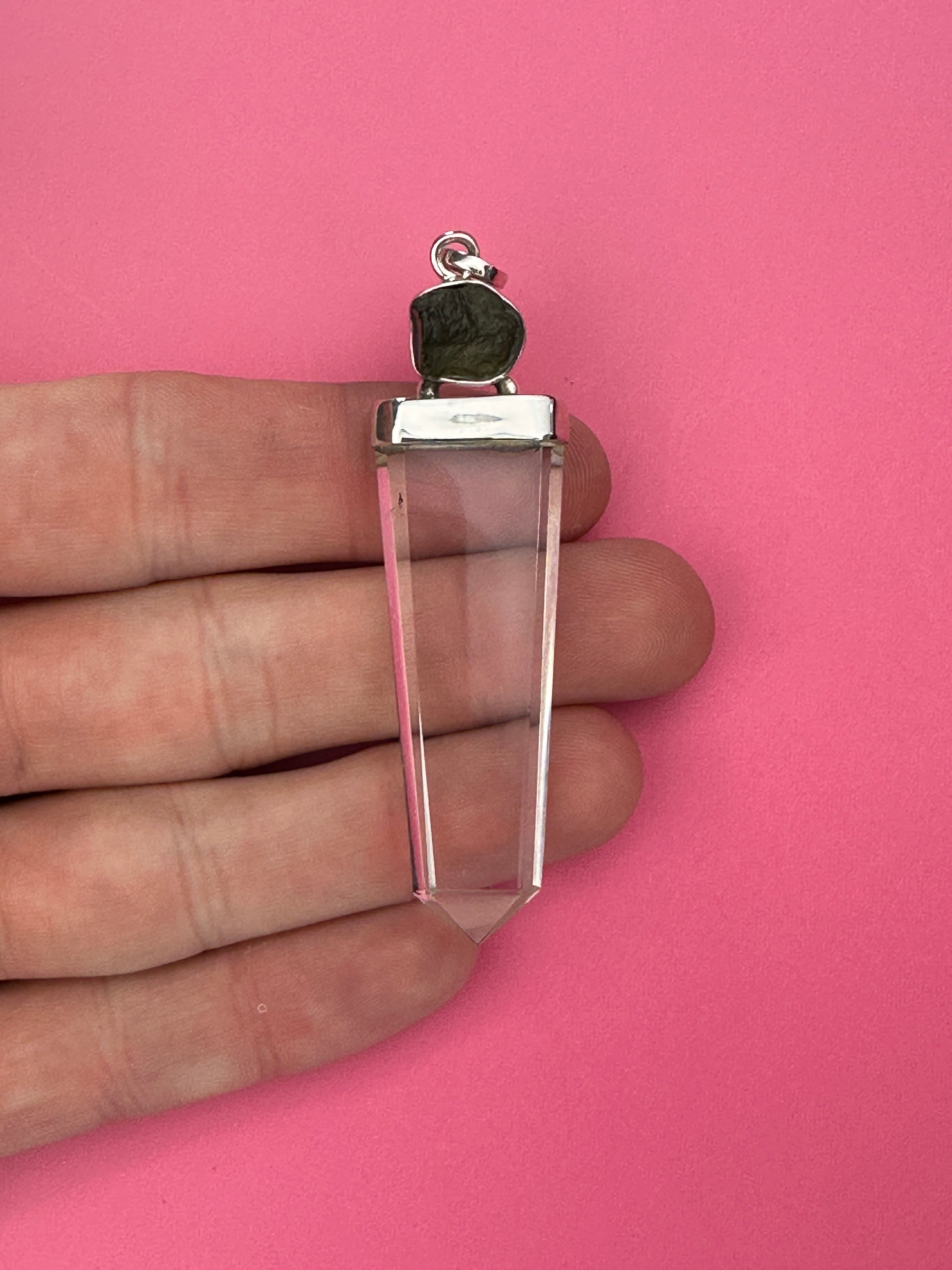 Moldavite and quartz - Pendant