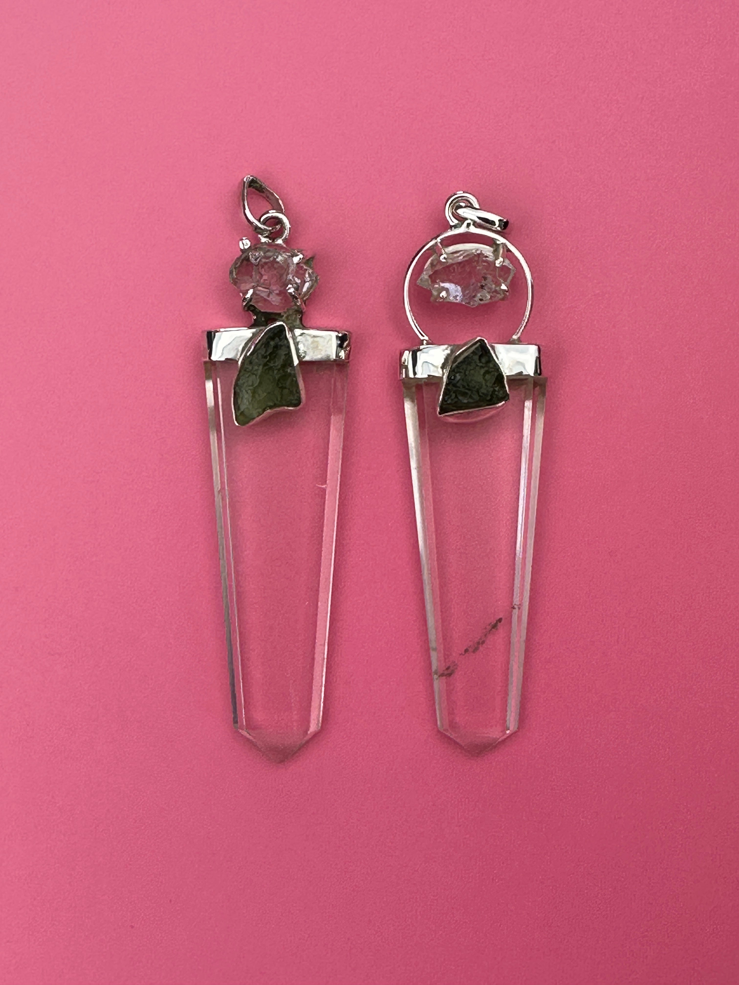 Moldavite, quartz and herkimer diamond - Pendant