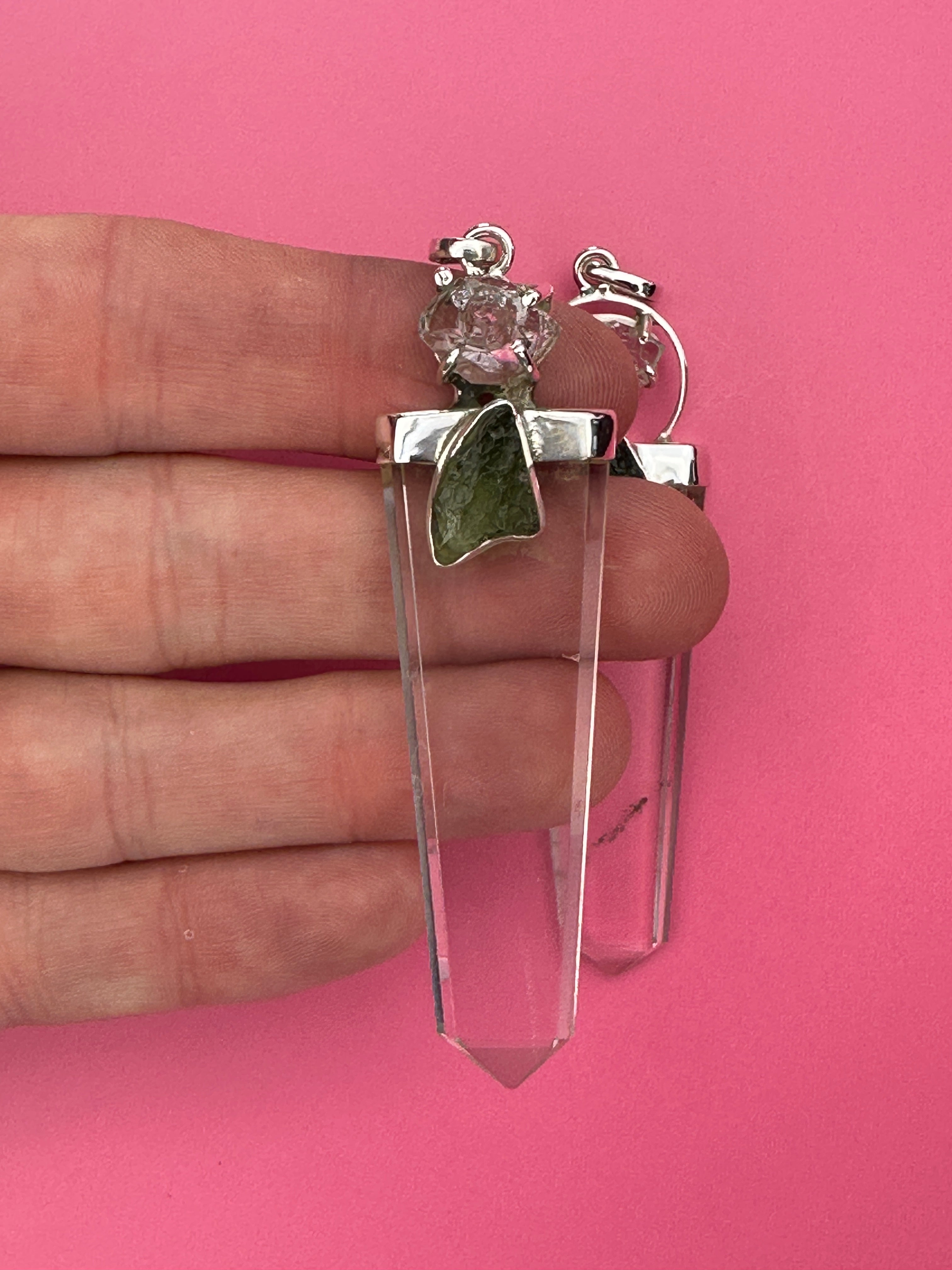 Moldavite, quartz and herkimer diamond - Pendant