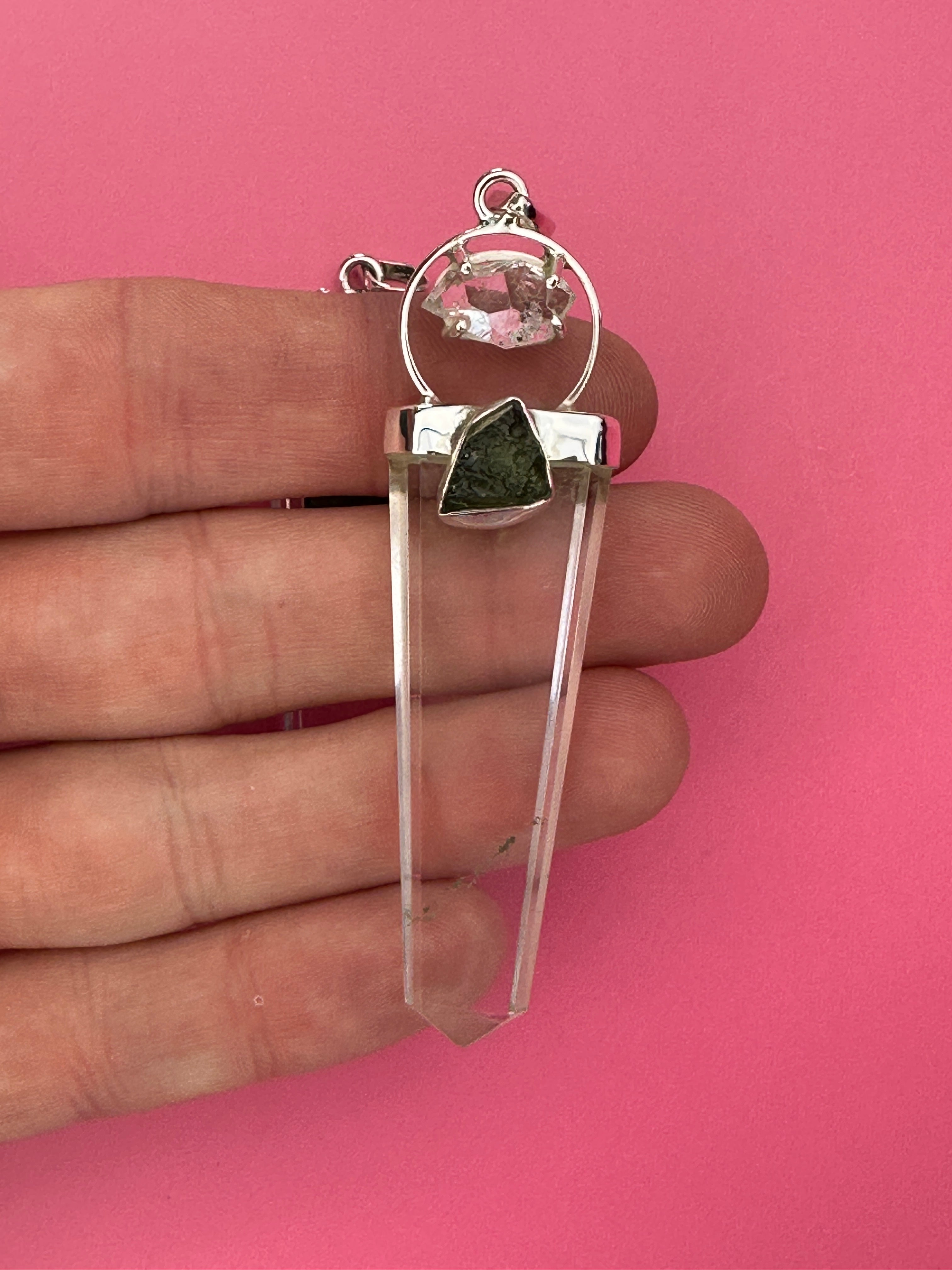 Moldavite, quartz and herkimer diamond - Pendant