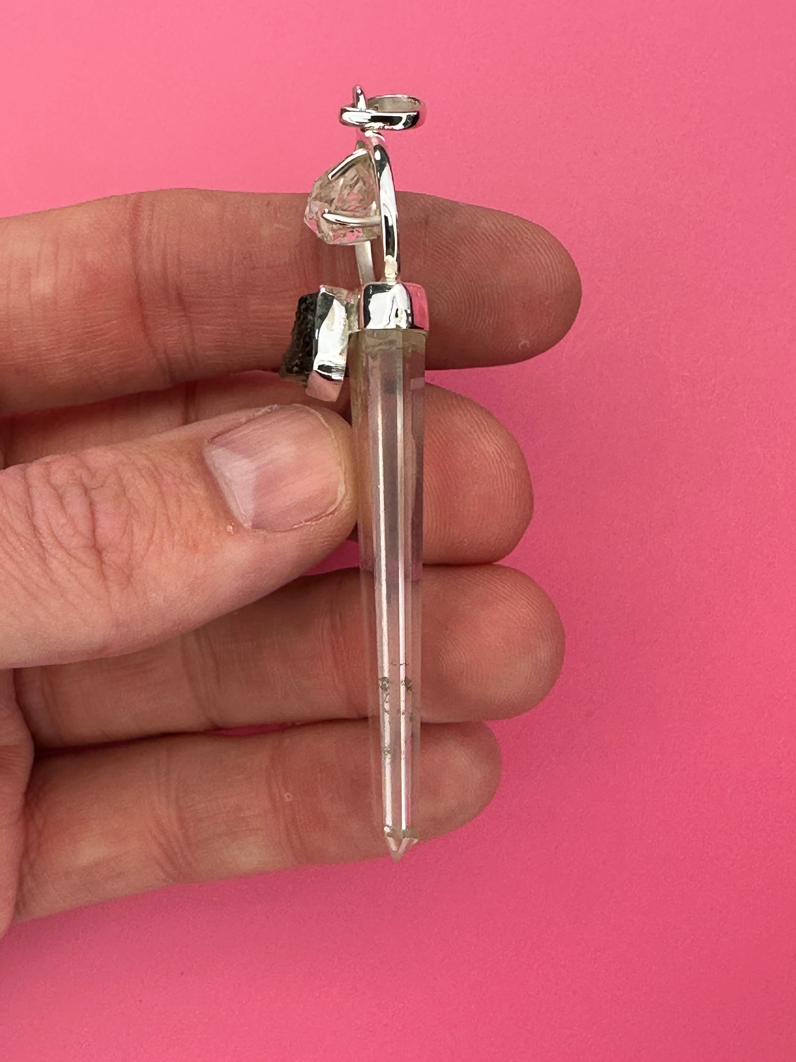 Moldavite, quartz and herkimer diamond - Pendant