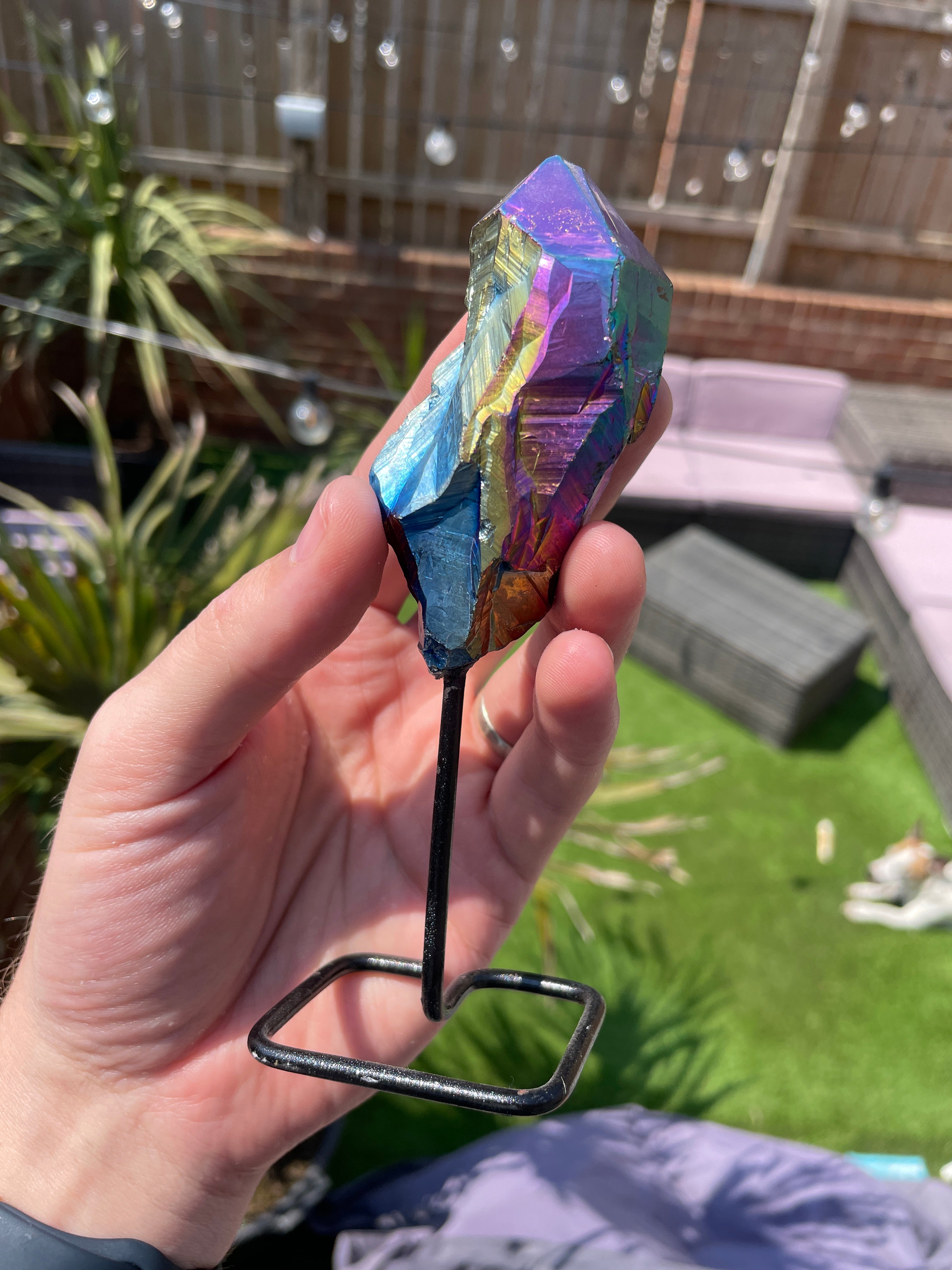 Titanium aura quartz - Rough cluster on stand