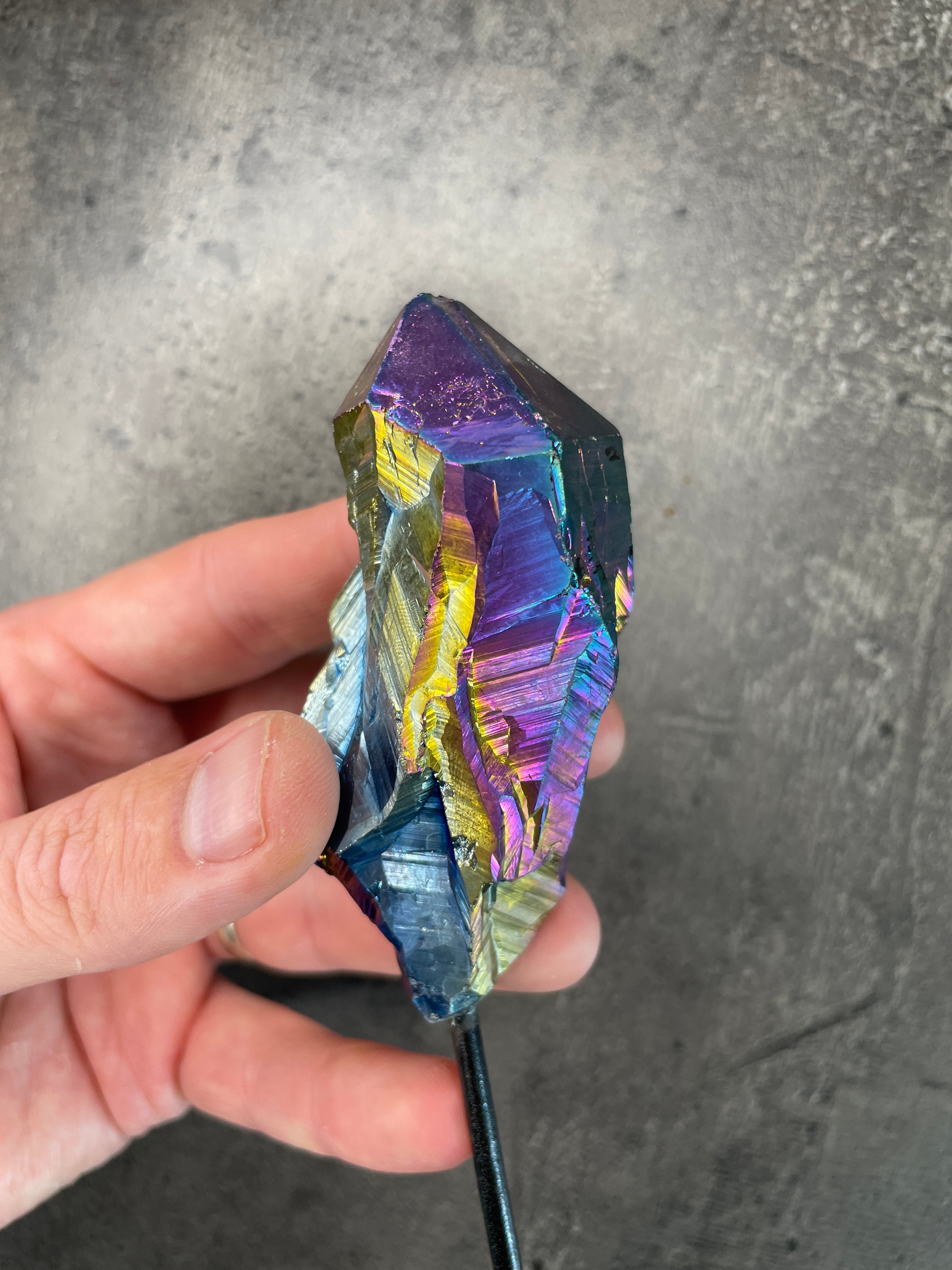 Titanium aura quartz - Rough cluster on stand
