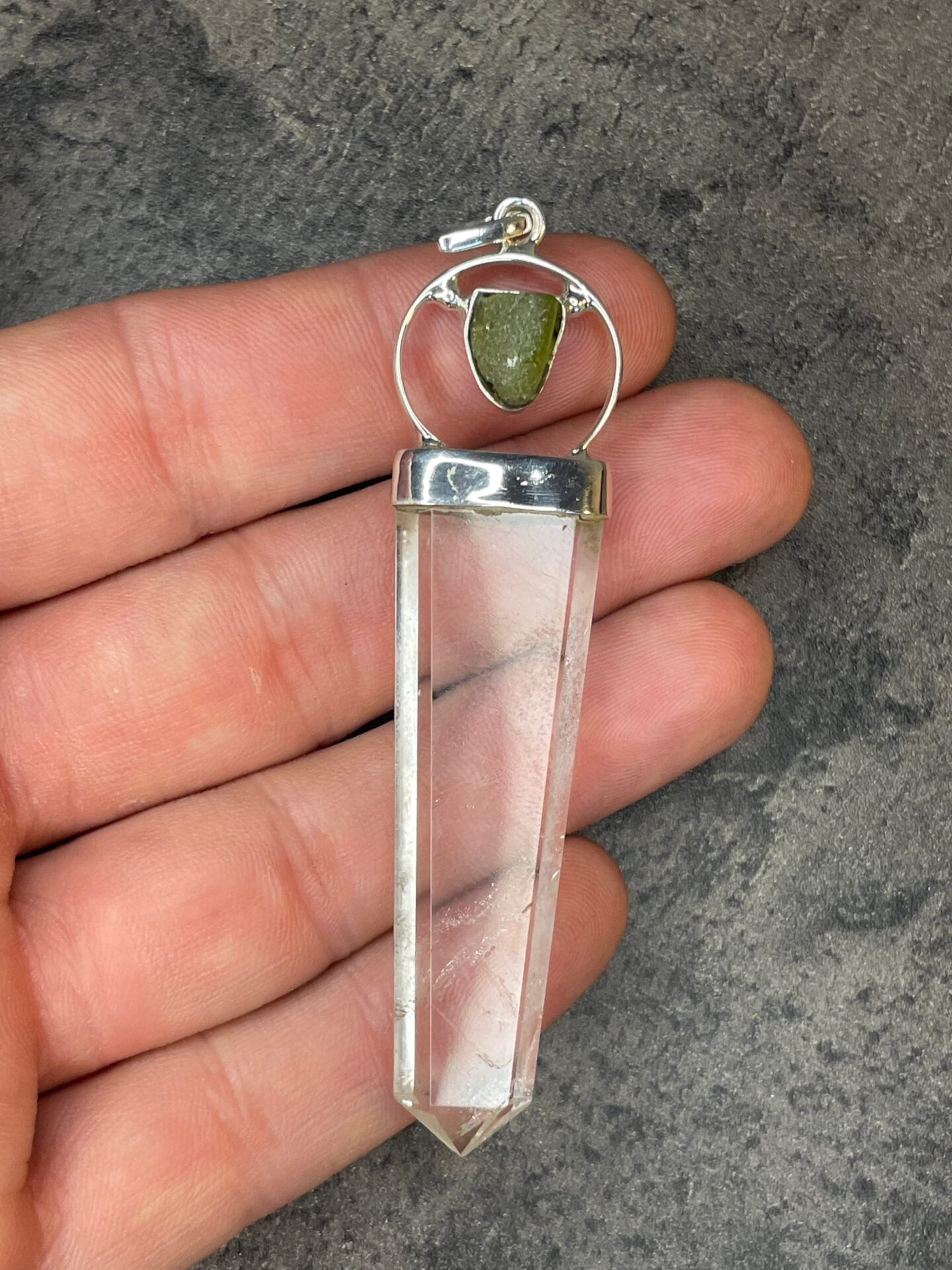 Moldavite and quartz - Pendant