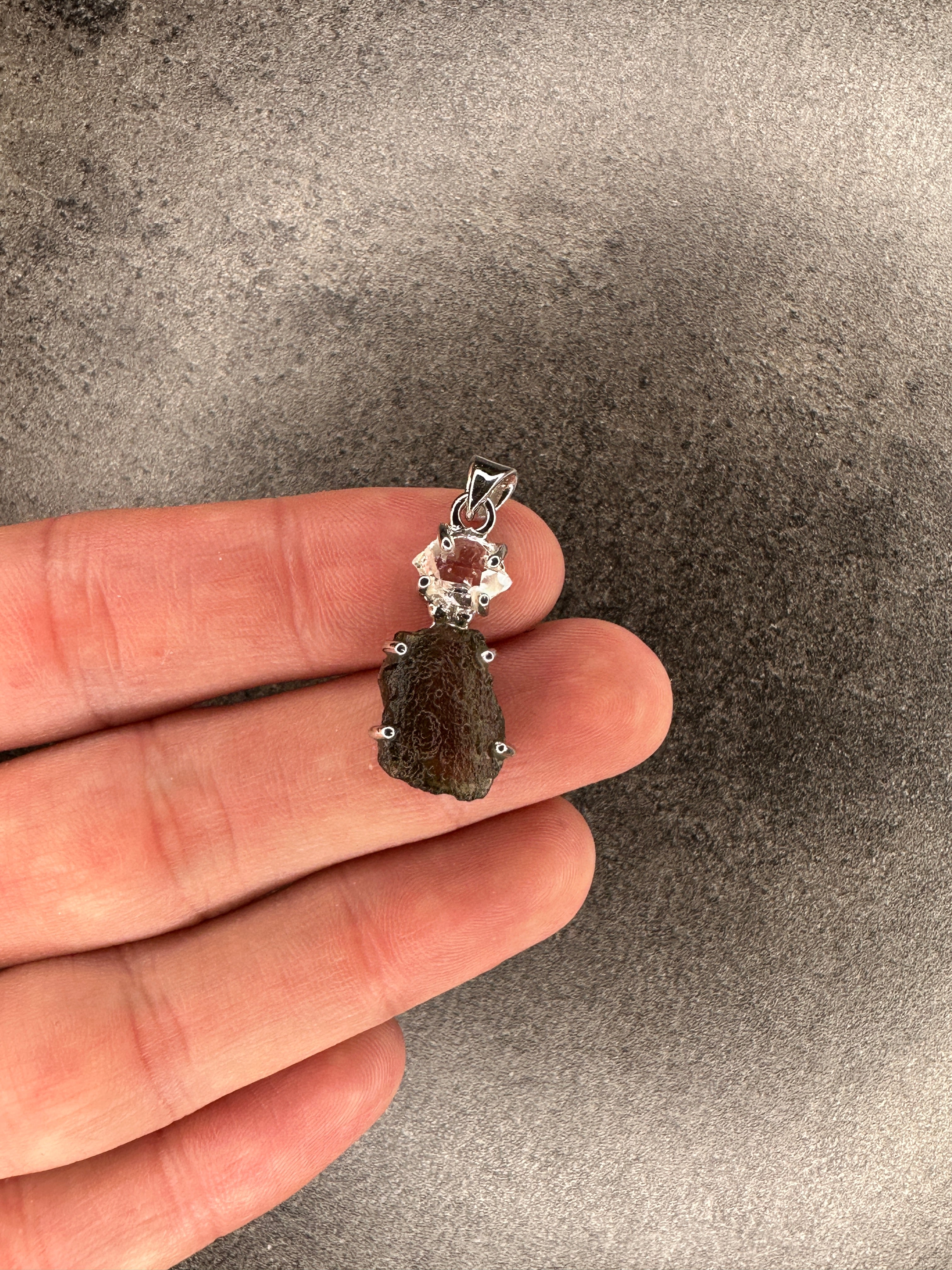 Moldavite and herkimer diamond - Rough pendant