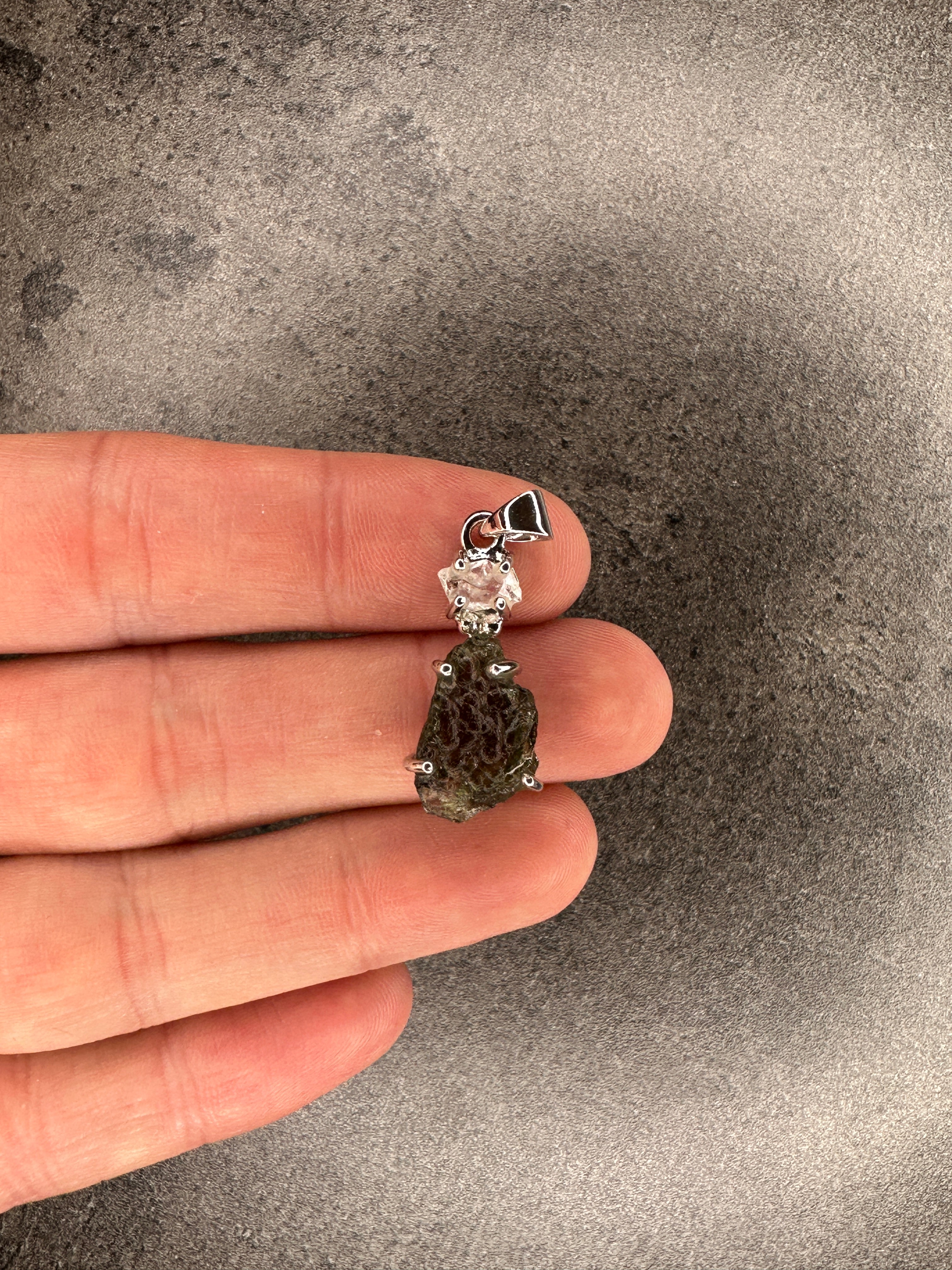 Moldavite and herkimer diamond - Rough pendant
