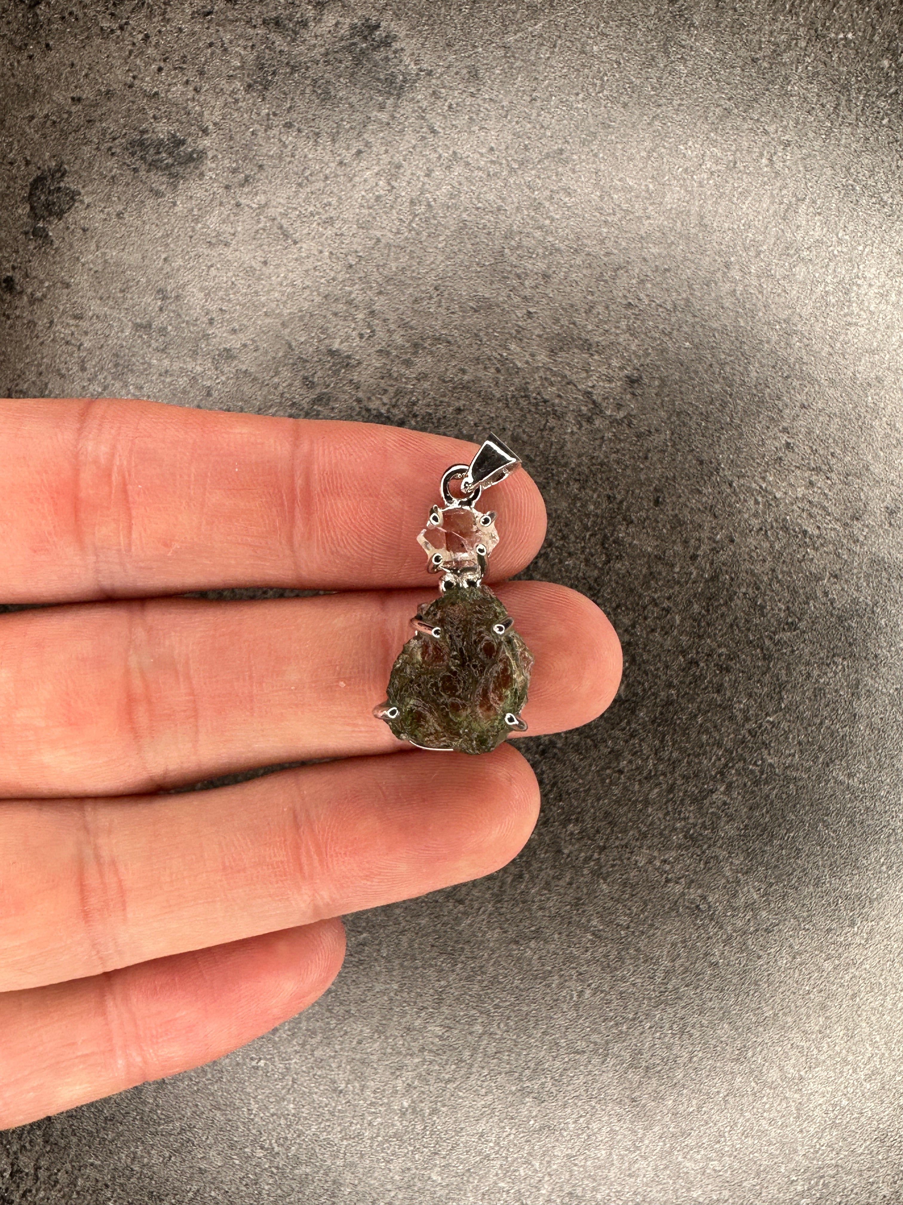 Moldavite and herkimer diamond - Rough pendant