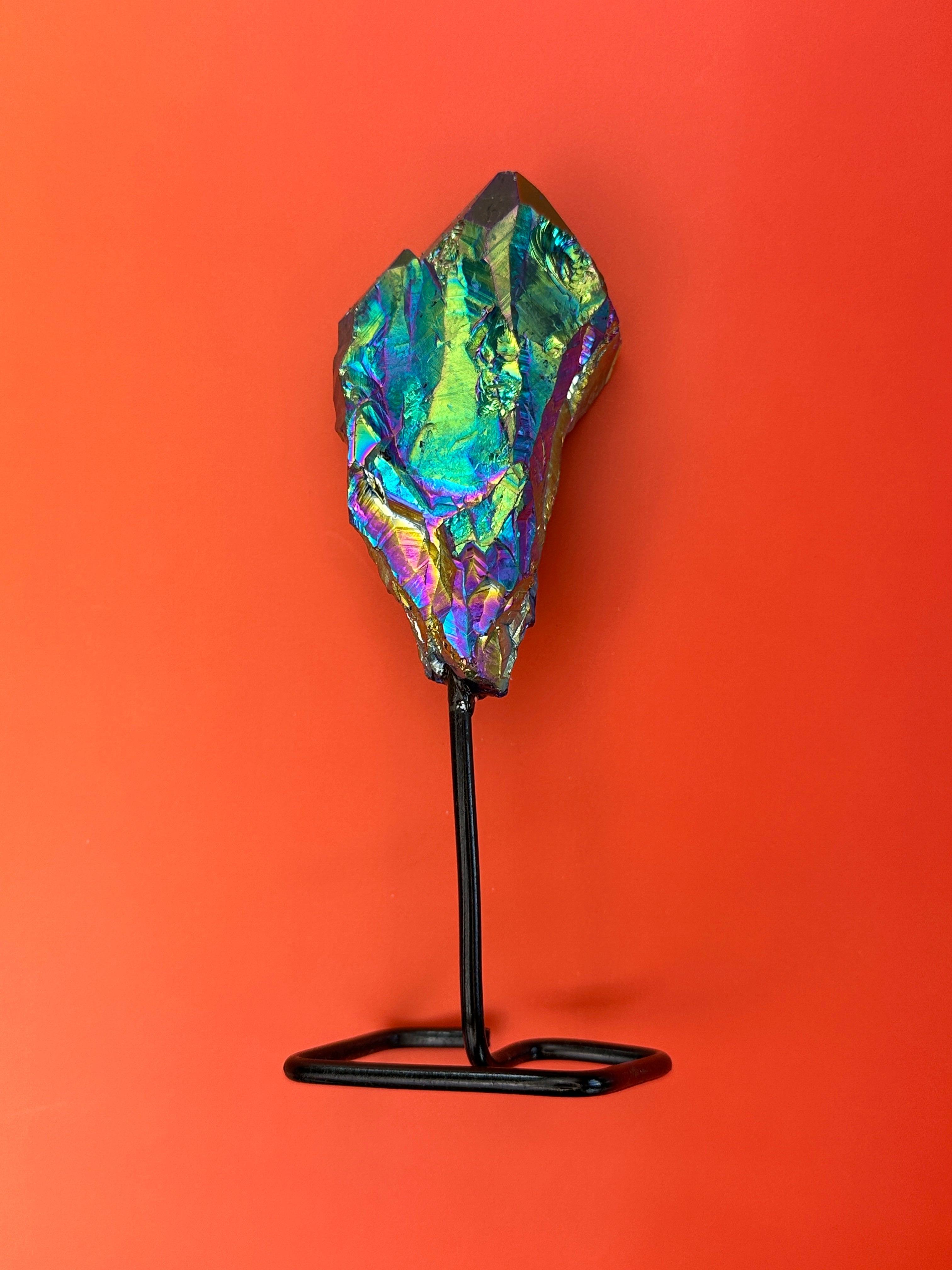 Titanium aura quartz - Rough cluster on stand