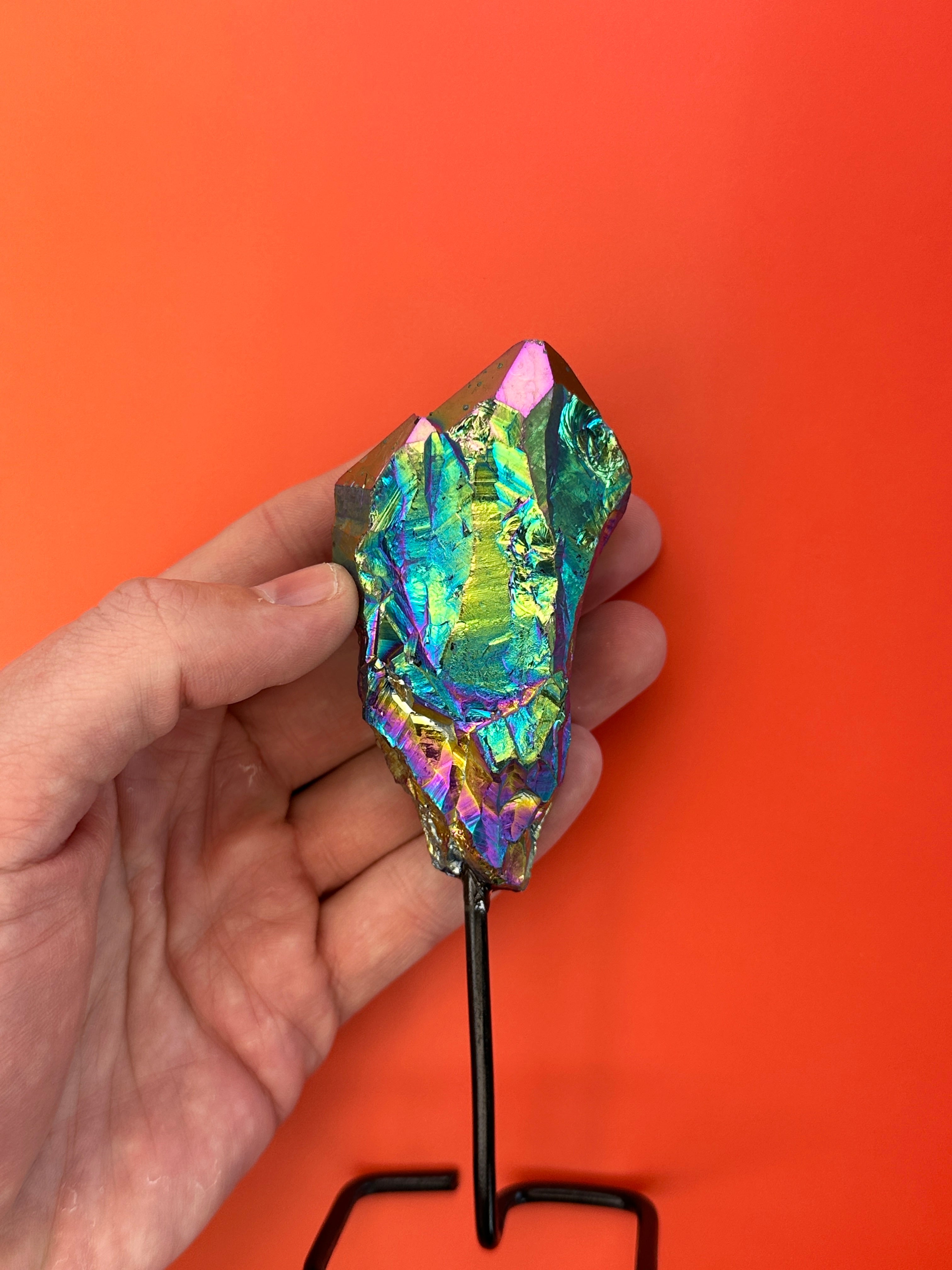 Titanium aura quartz - Rough cluster on stand