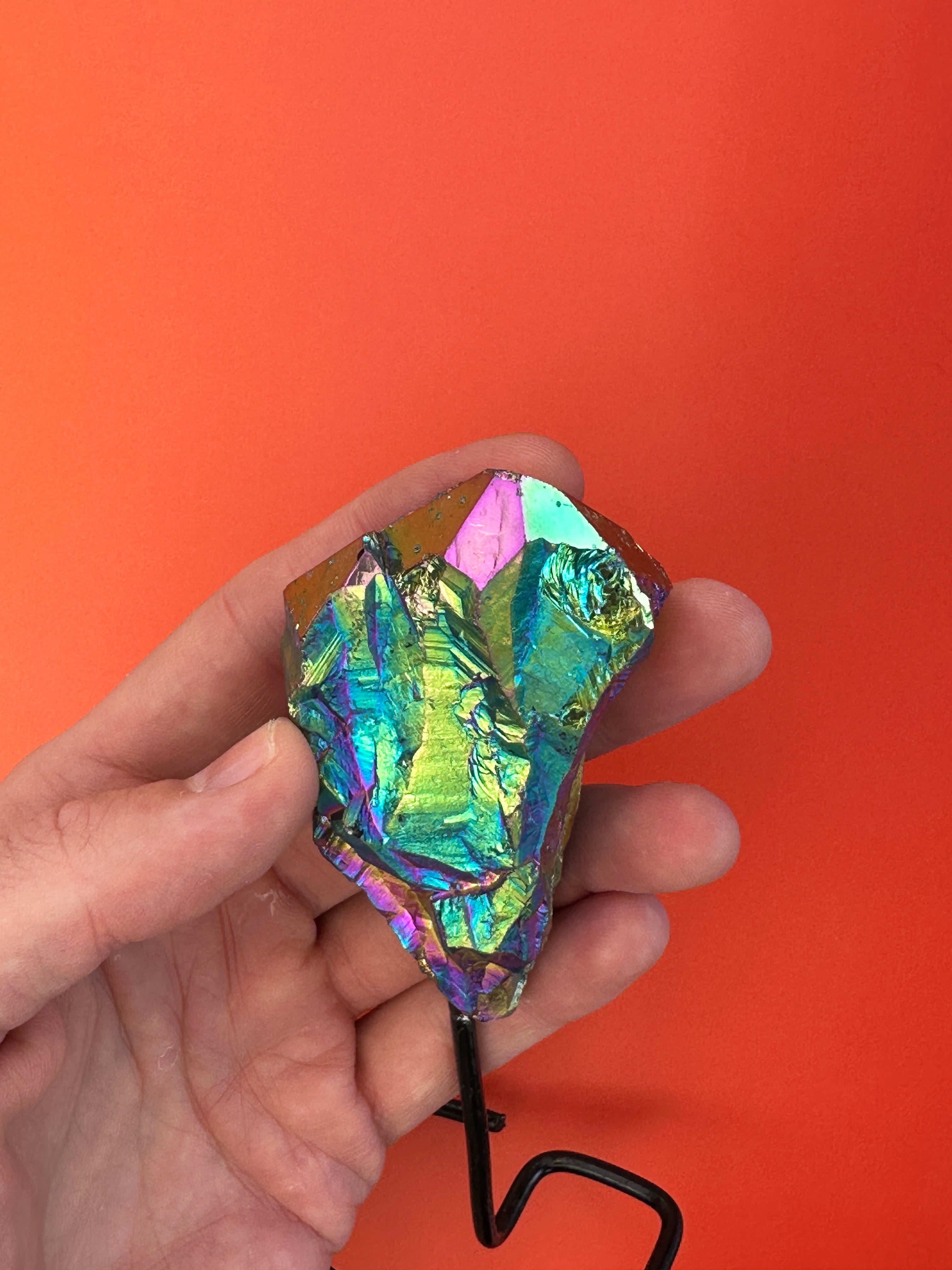 Titanium aura quartz - Rough cluster on stand