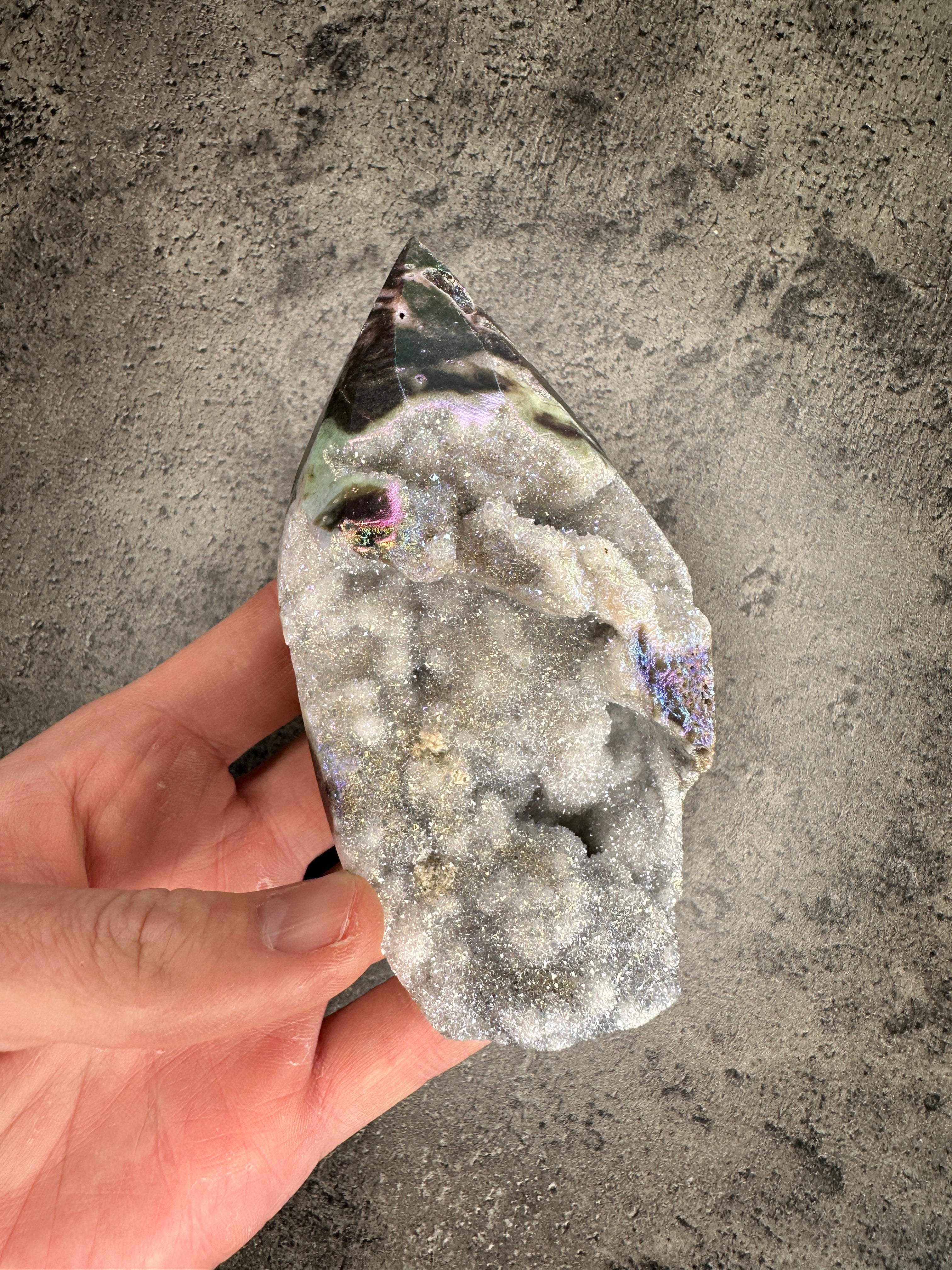 Aura sphalerite - Free standing druzy teardrop