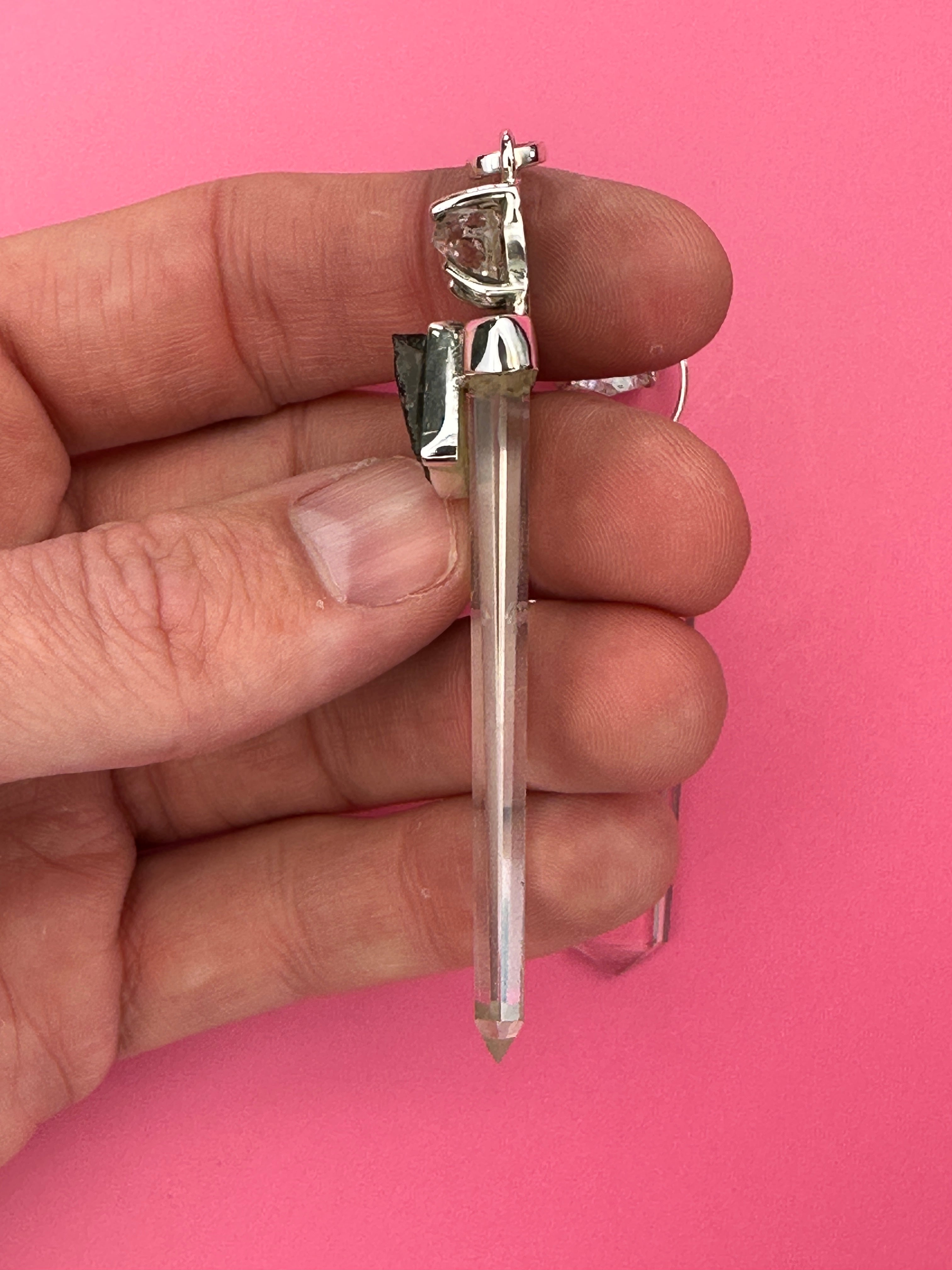 Moldavite, quartz and herkimer diamond - Pendant