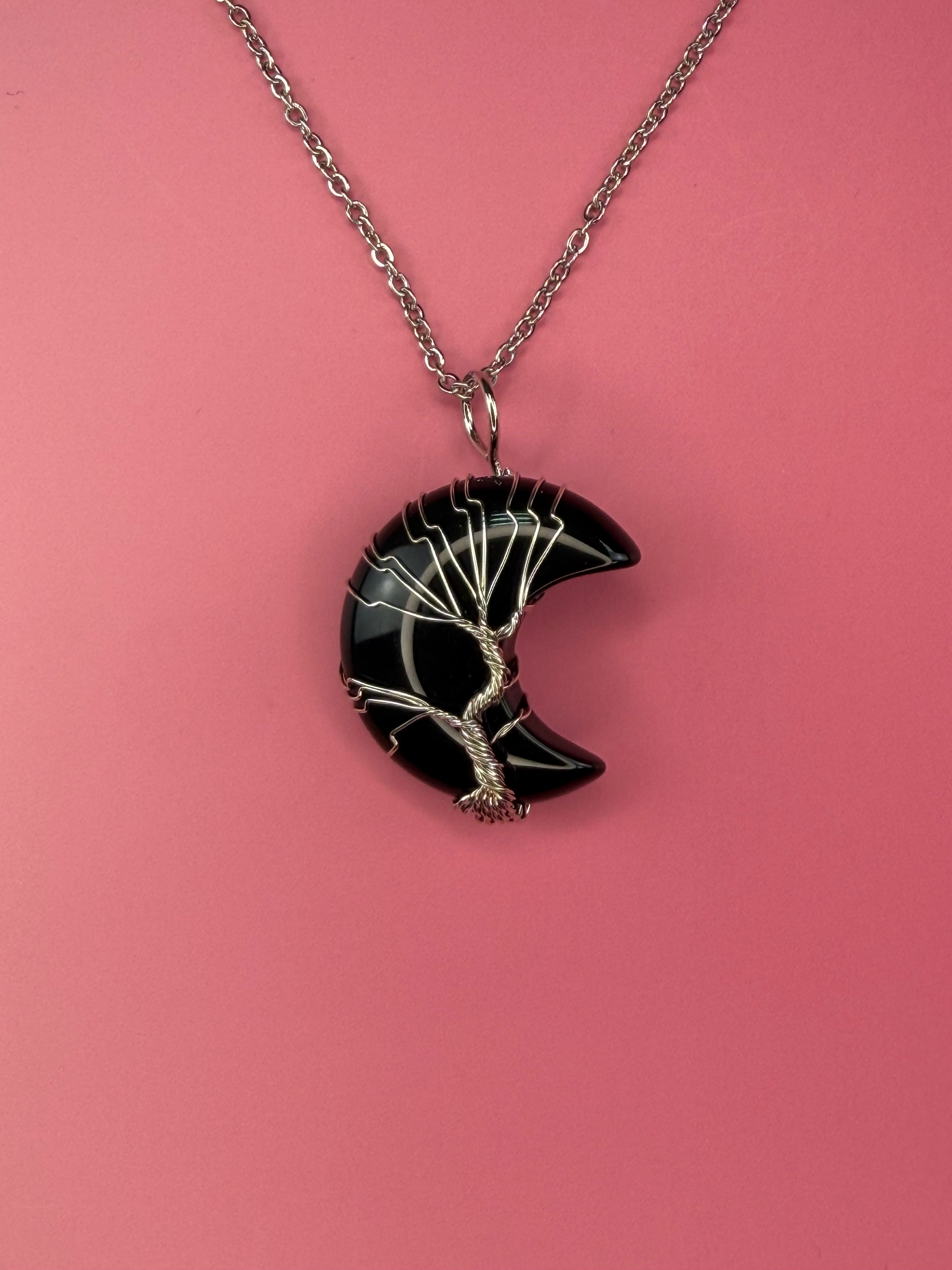 Black obsidian moon pendant and necklace