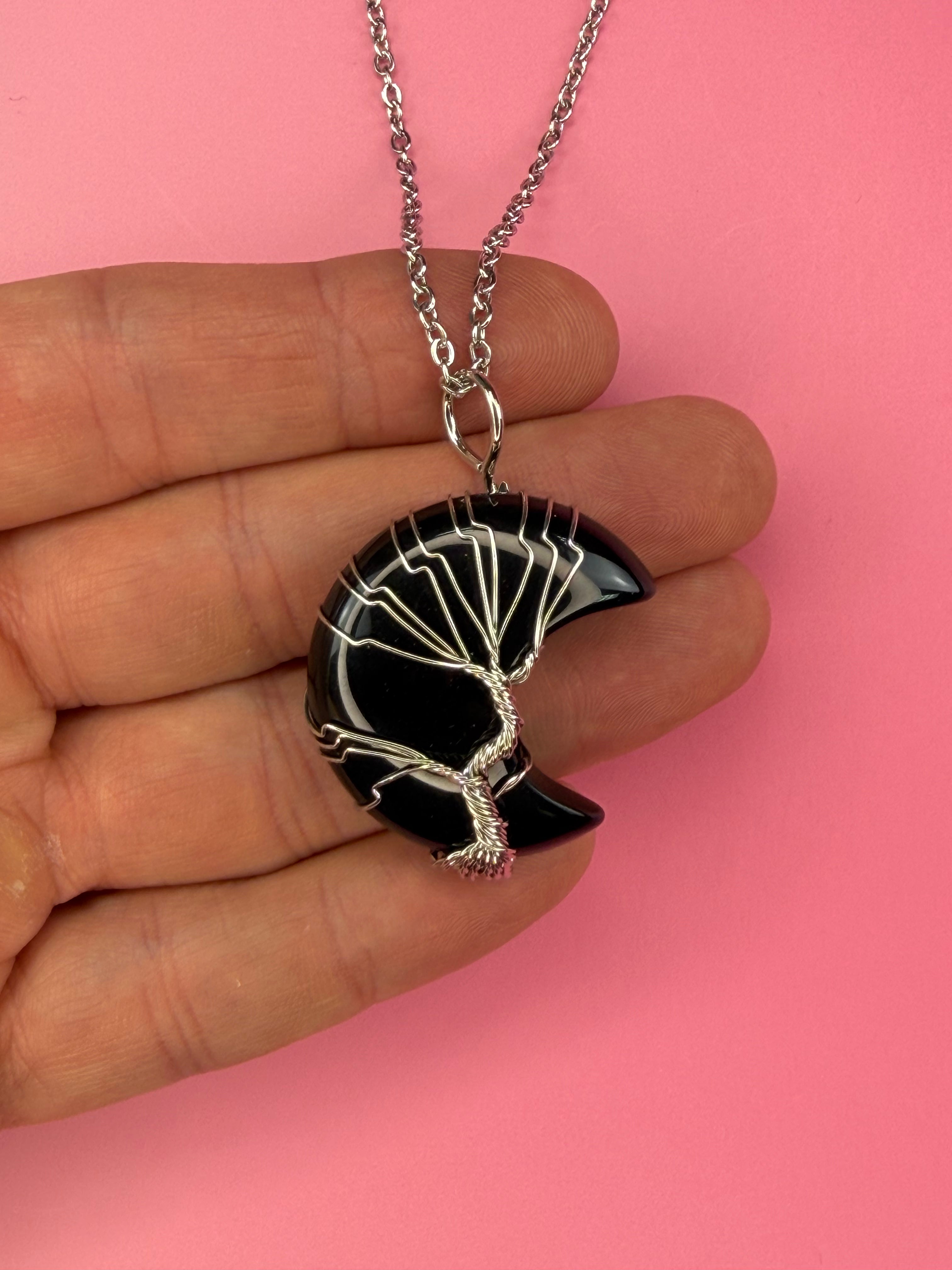 Black obsidian moon pendant and necklace