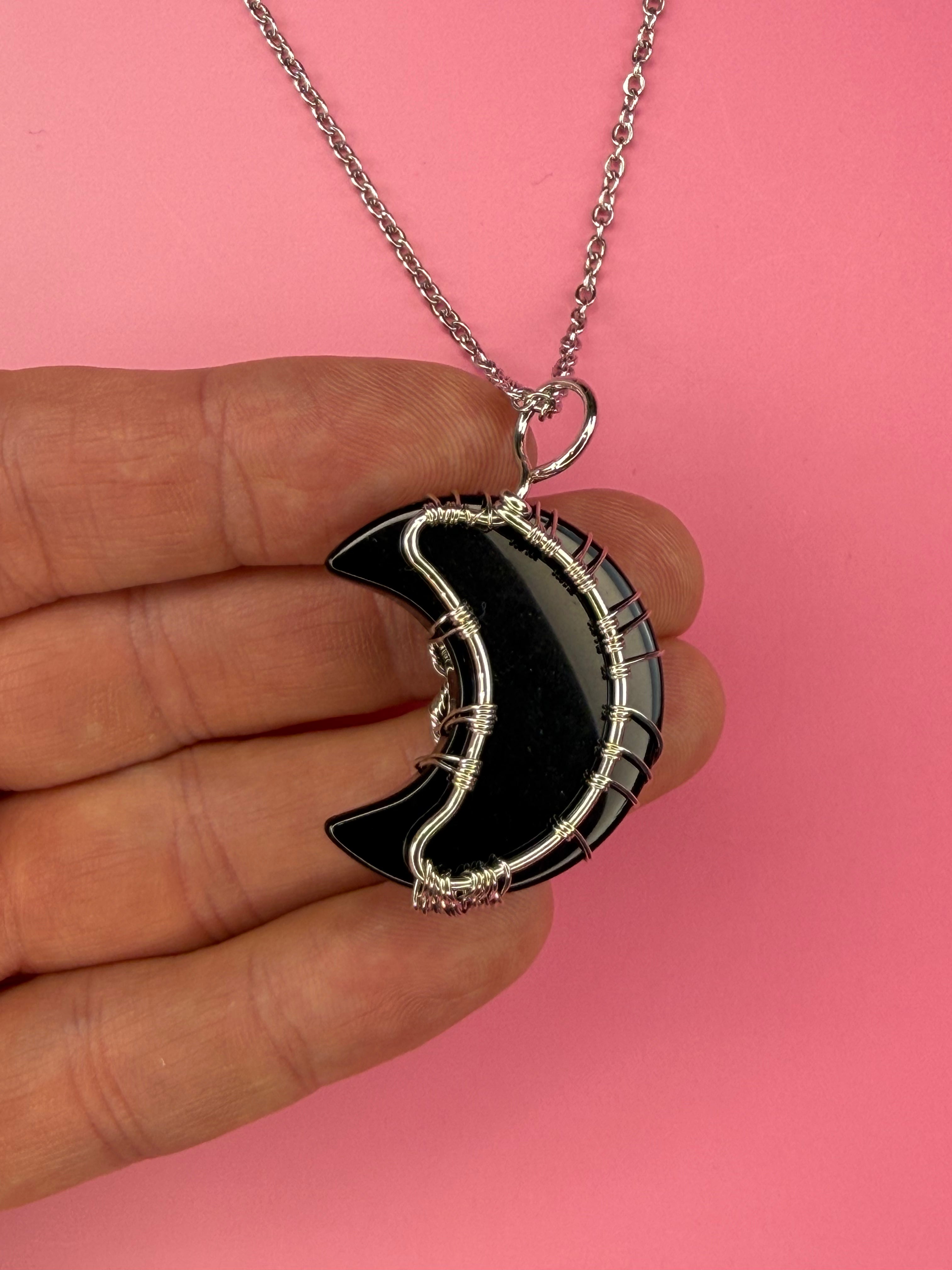 Black obsidian moon pendant and necklace