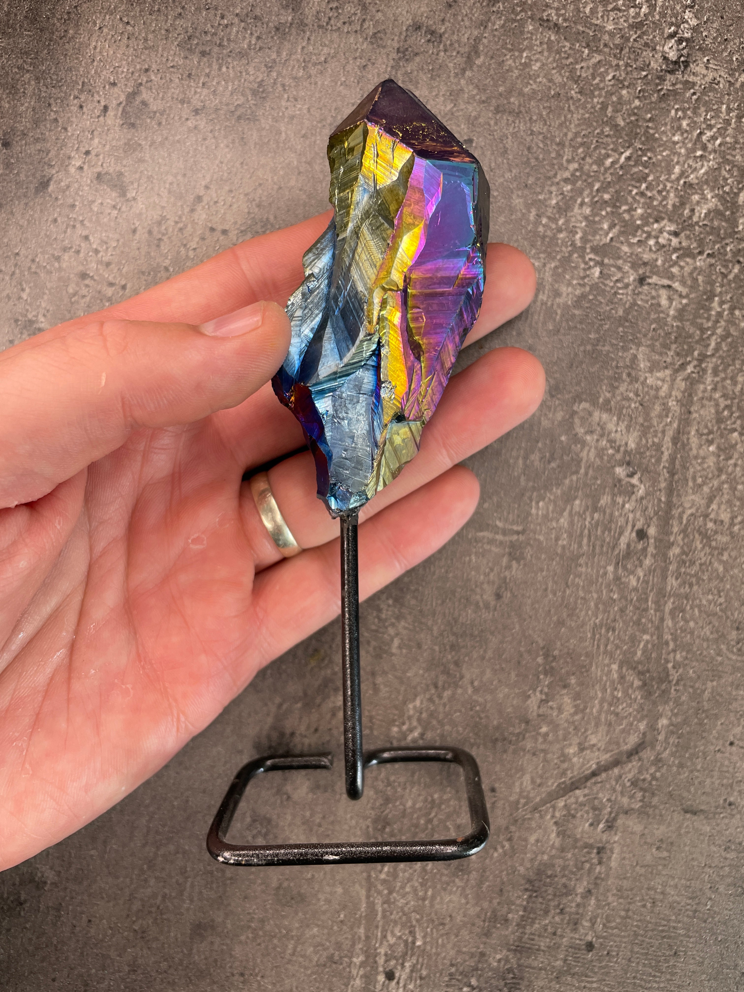 Titanium aura quartz - Rough cluster on stand