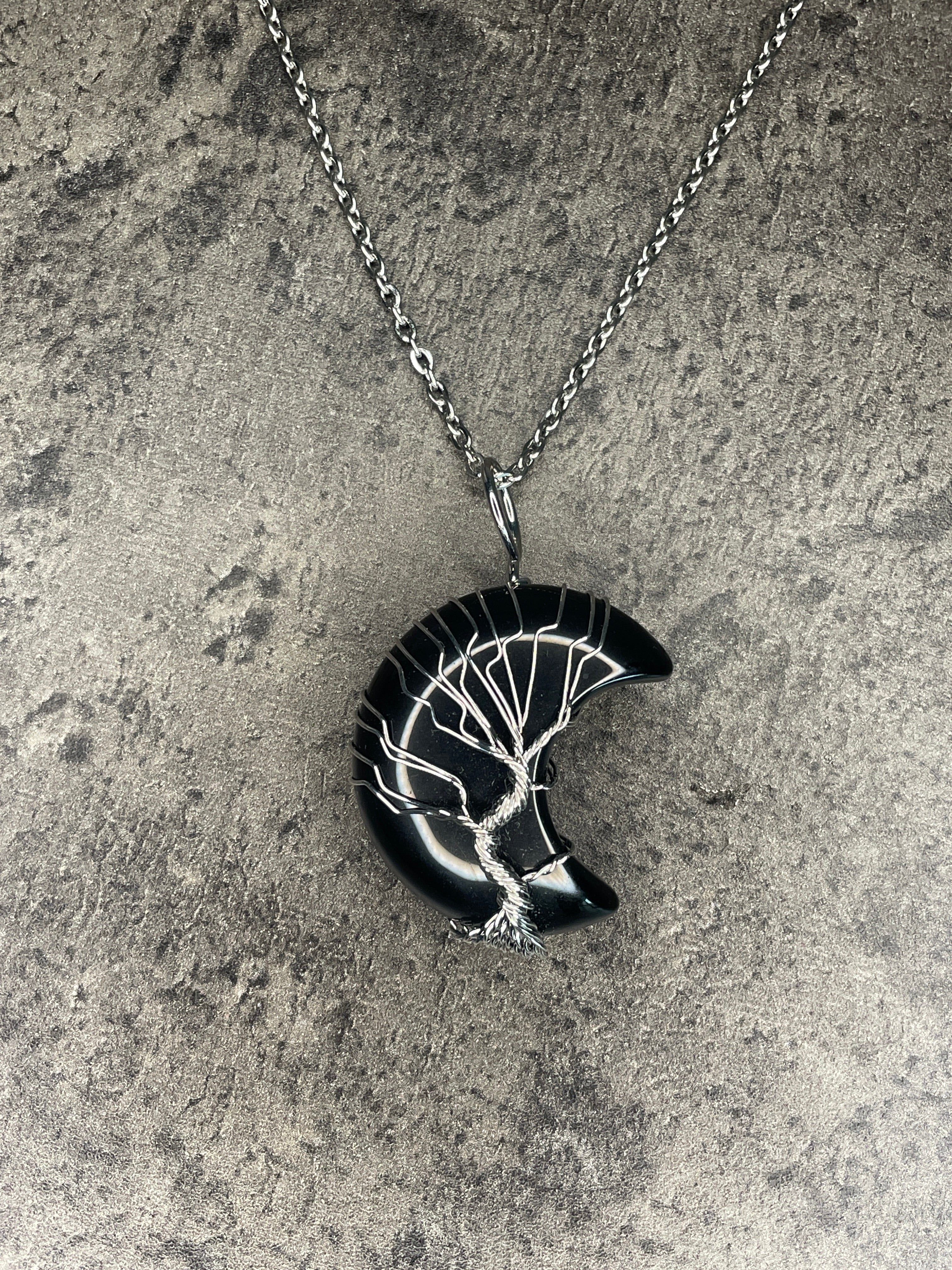 Black obsidian moon pendant and necklace