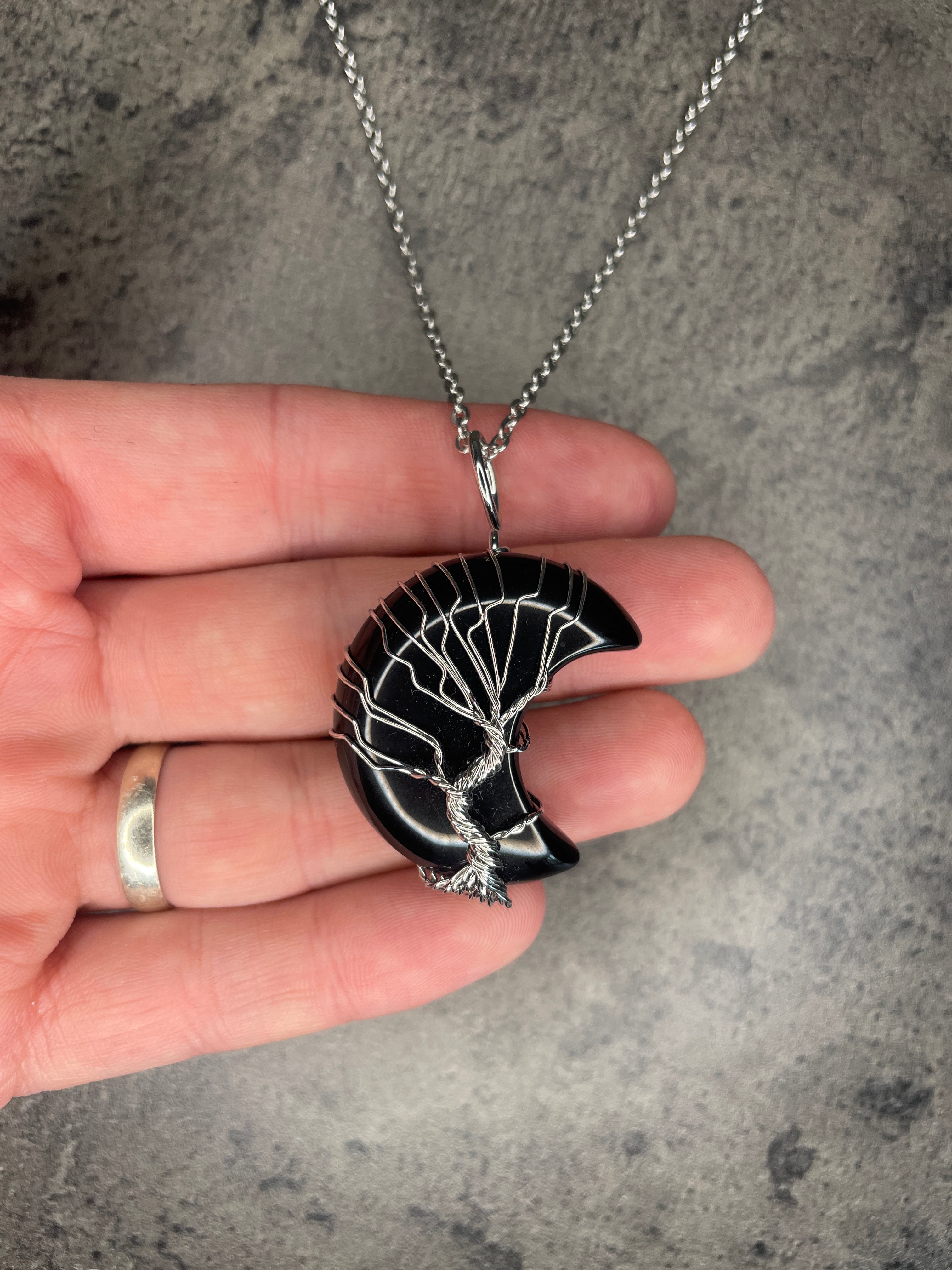 Black obsidian moon pendant and necklace